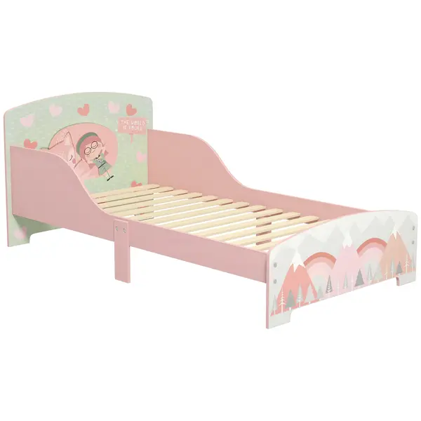 ZONEKIZ Pat pentru Copii 3-6 Ani cu Margini Înălțate și Model cu Animale, 77x143x60 cm, Roz | Aosom Romania