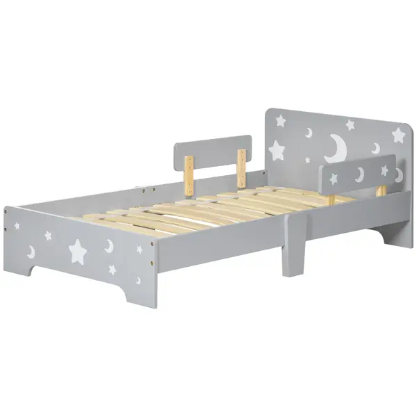 ZONEKIZ Pat pentru copii 3-6 ani cu stele si luna din MDF si PAL, 143x76x49 cm, culoare gri si lemn | Aosom Romania