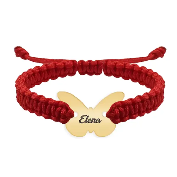 Zulema - Bratara personalizata snur impletit fluturas si nume gravat din argint 925 placat cu aur galben 24K